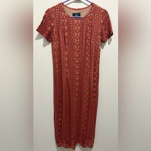 Goldie Burnt Orange Lace Dress With Nude Satin Lining and Side Zip